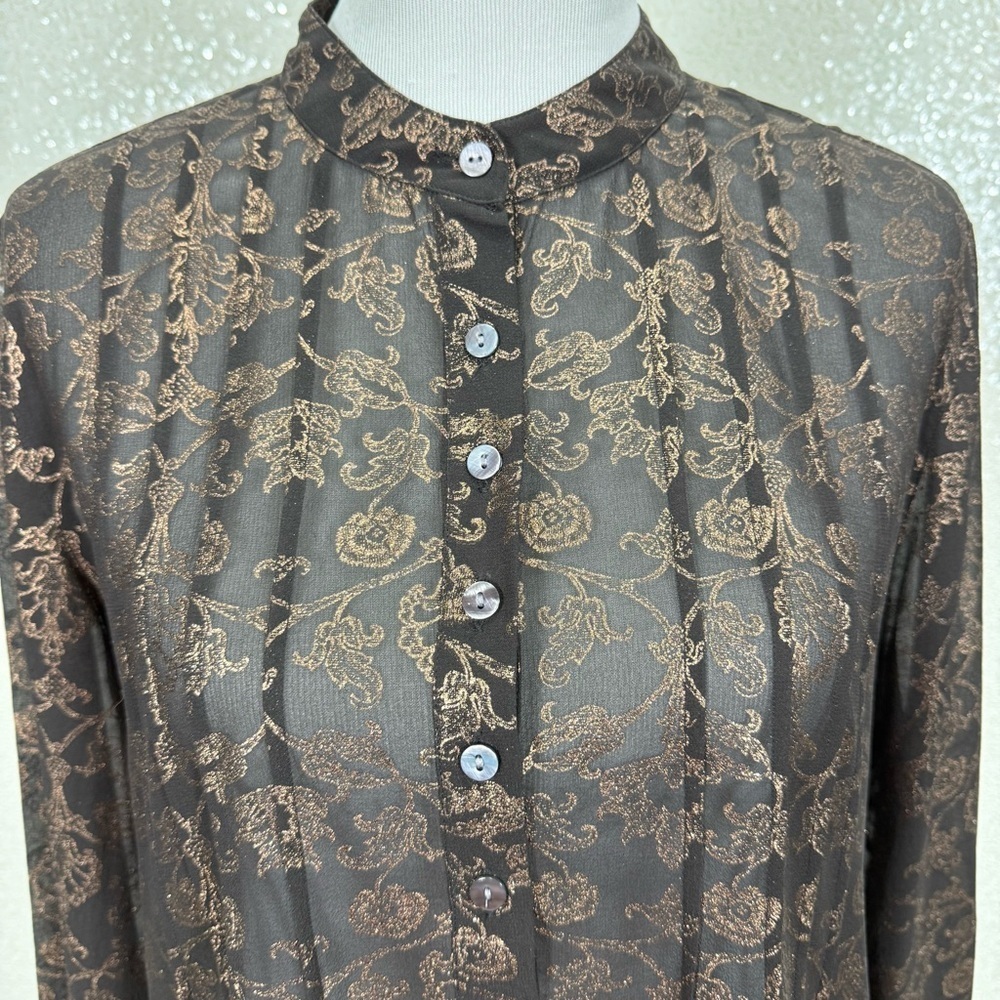 Chico’s 100% Silk Sheer Tunic Blouse Size 2 Black Bronze Floral Long Sleeve - Picture 9 of 10